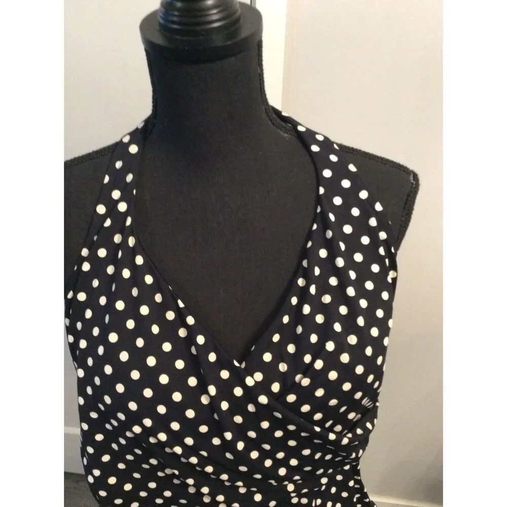 Land's End Black White Polka Dot Swim Top Size 14 Womens